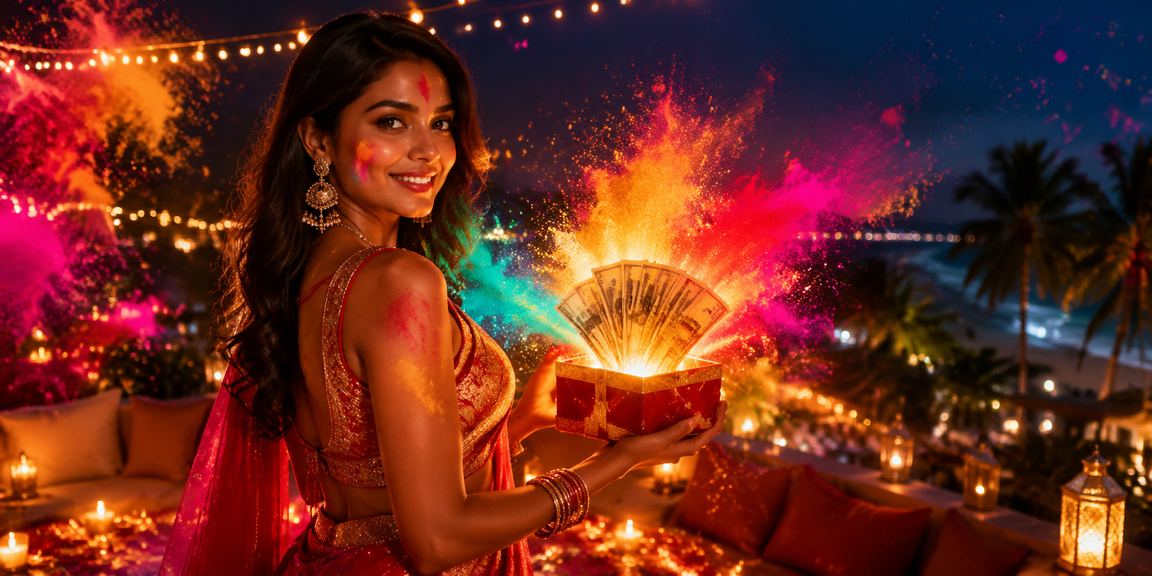 Colorful Holi festival backdrop with Indian players enjoying Teen Patti online